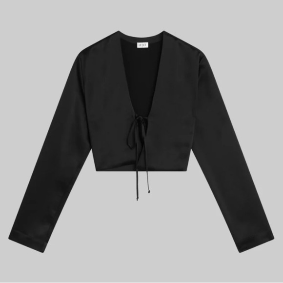 Leset Barb Satin Long Sleeve Open Tie Cropped Crop Blouse Top Black - Picture 10 of 11